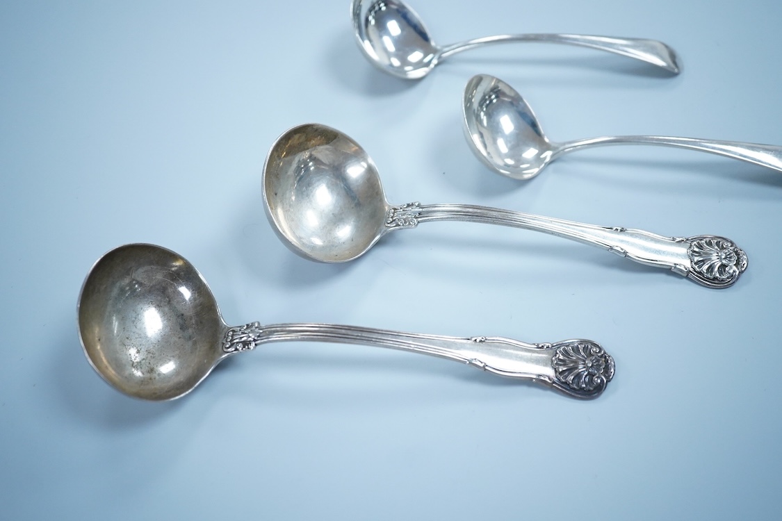 A pair of George IV silver King's husk pattern sauce ladles, by William Chawner II, London, 1825/27, 18.2cm, together with a pair of George VI Old English pattern sauce ladles, James Dixon & Sons, Sheffield, 1936, 7.9oz.
